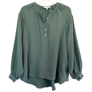 Pinch Gauze Boho Oversized Sage Women's Size M Long Balloon Sleeve Hi-Low